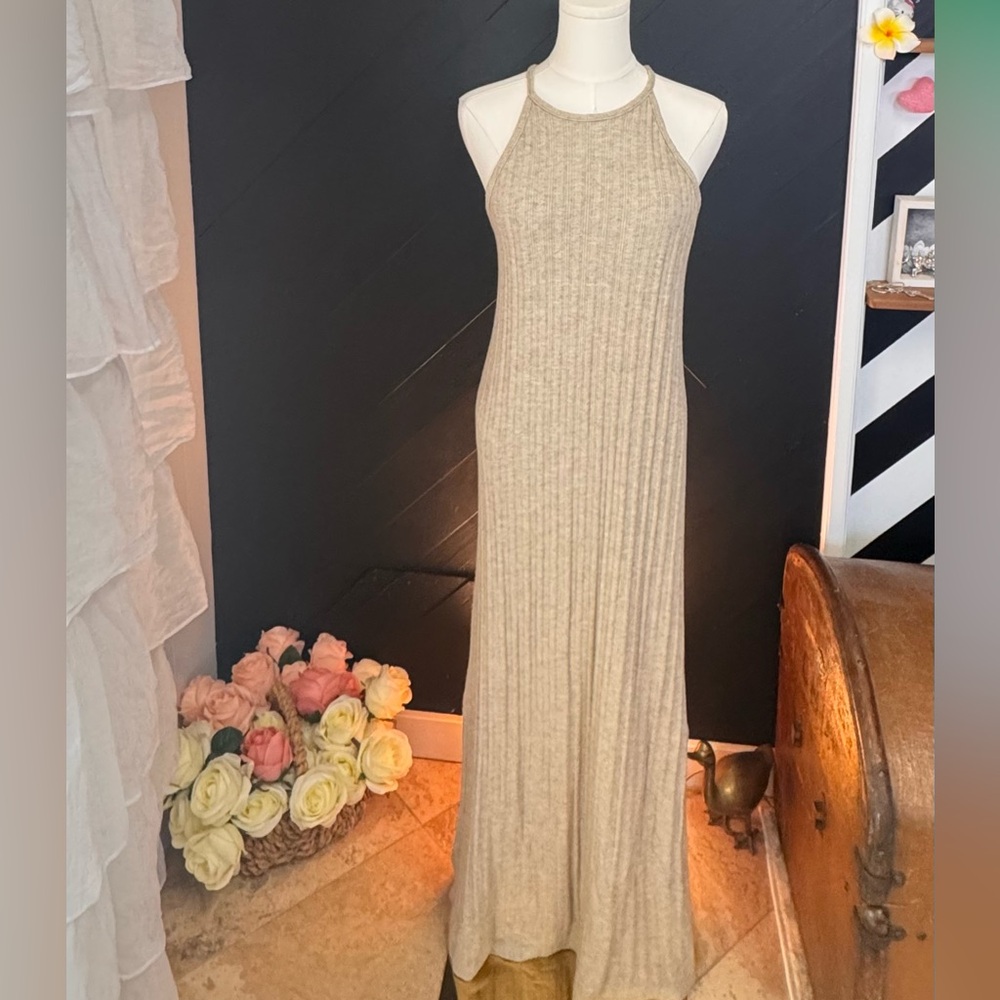 Anthropologie Amadi Caroline Ribbed Knit Halter Maxi Dress in Oatmeal XL